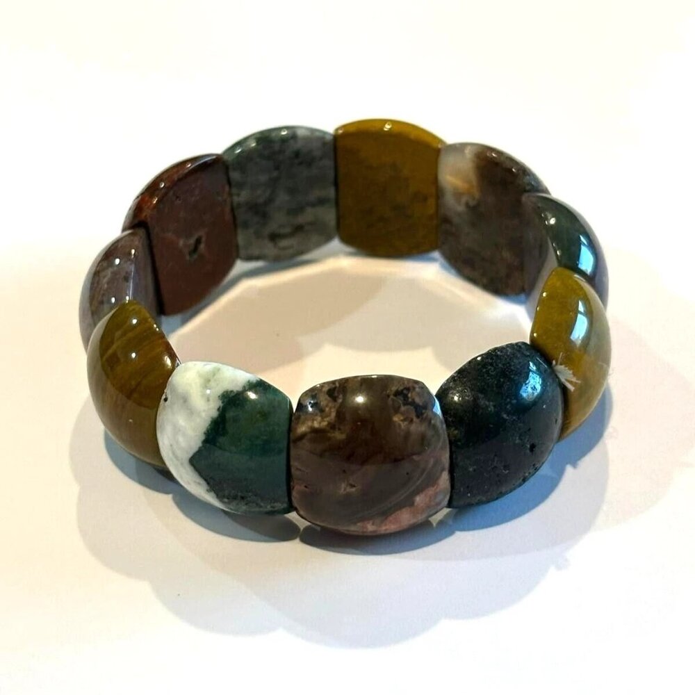 Multi Color Jasper Stone Stretch Bracelet Chunky Gemstone Beaded Natural